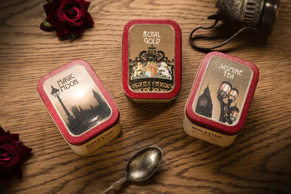 Several small tins of reserve loose-leaf tea